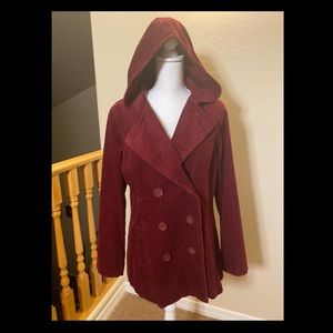 Maroon Corduroy Hooded Pea Coat